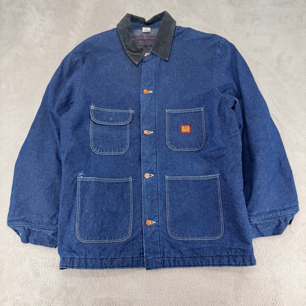 VTG Big Ben By Wrangler Chore‎ Jacket Mens 46 Blue Denim Blanket Lined Utility